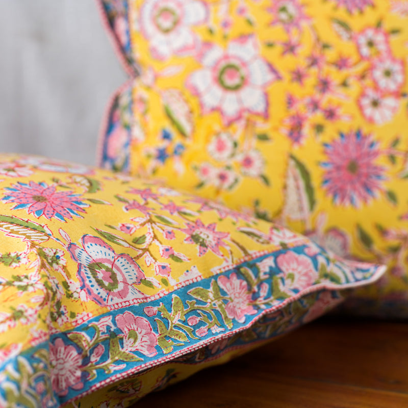Cotton Cushion Cover Reversible Yellow Blue Floral Jaal Block Print 2 (6708806877283)
