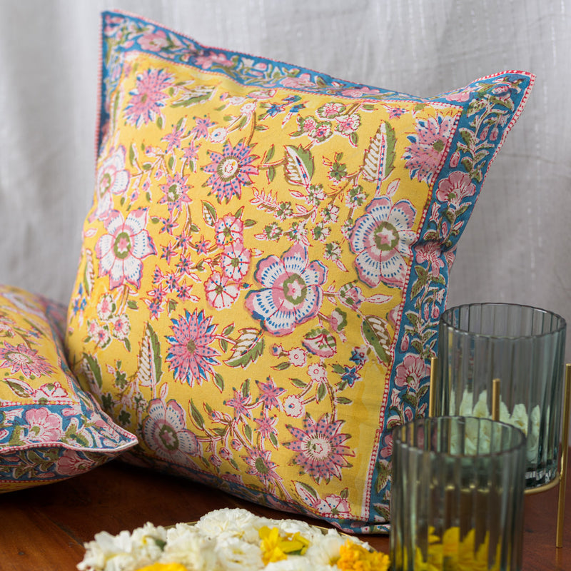 Cotton Cushion Cover Reversible Yellow Blue Floral Jaal Block Print 1 (6708806877283)