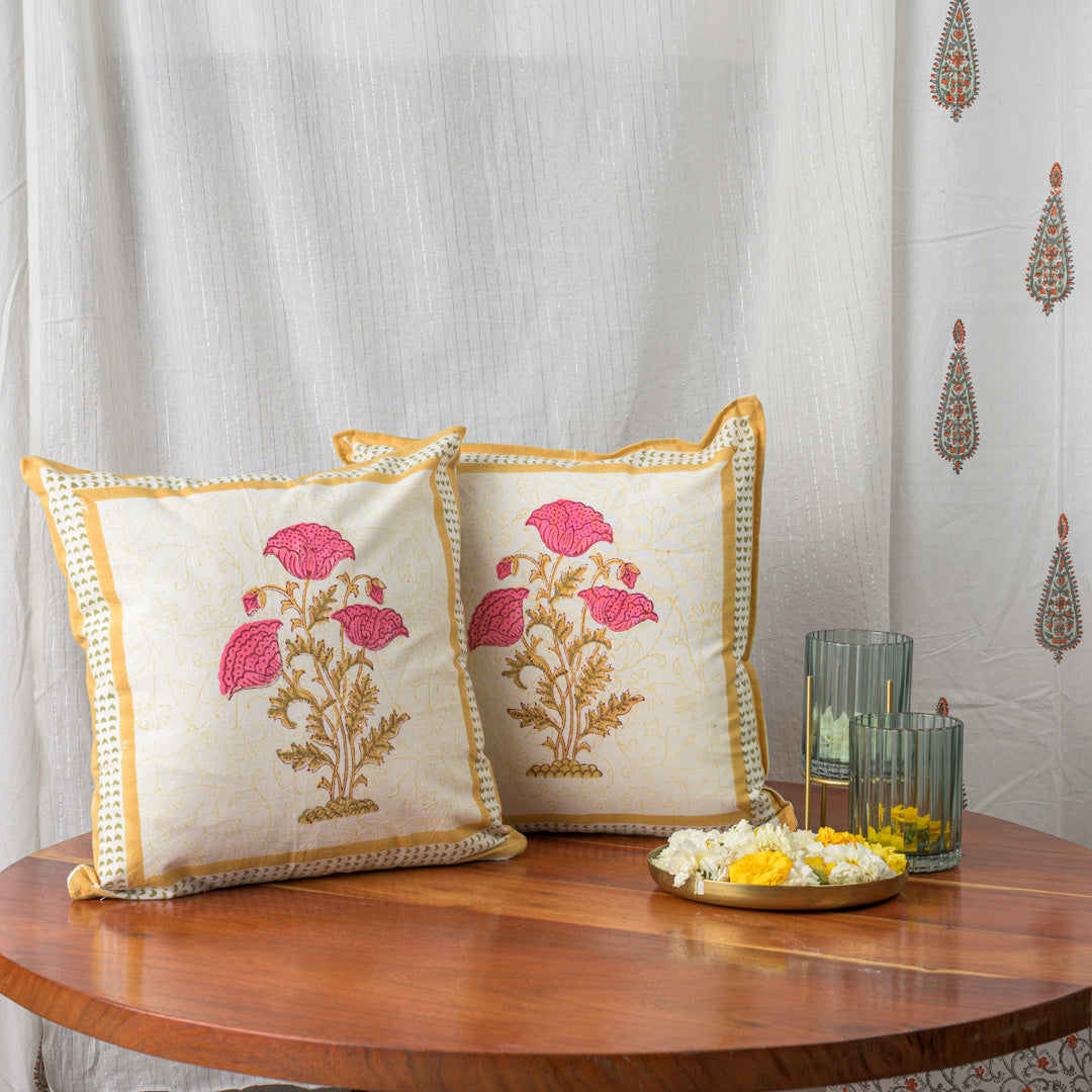 Cotton Cushion Cover Reversible Pink Brown Floral Boota Block Print (6708806942819)
