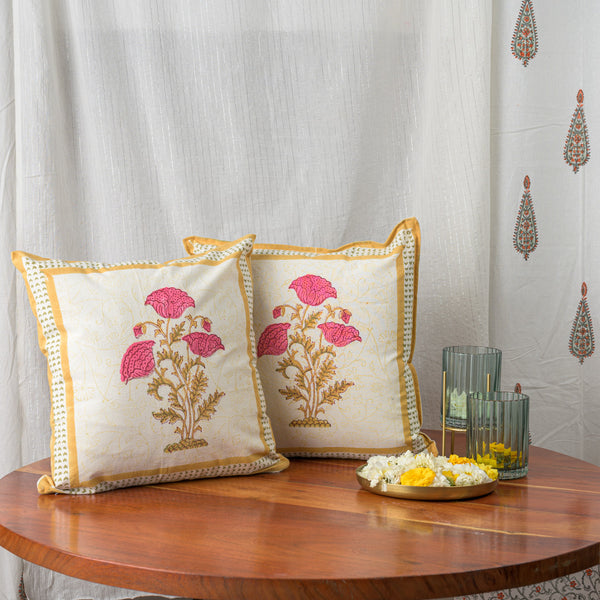 Cotton Cushion Cover Reversible Pink Brown Floral Boota Block Print (6708806942819)