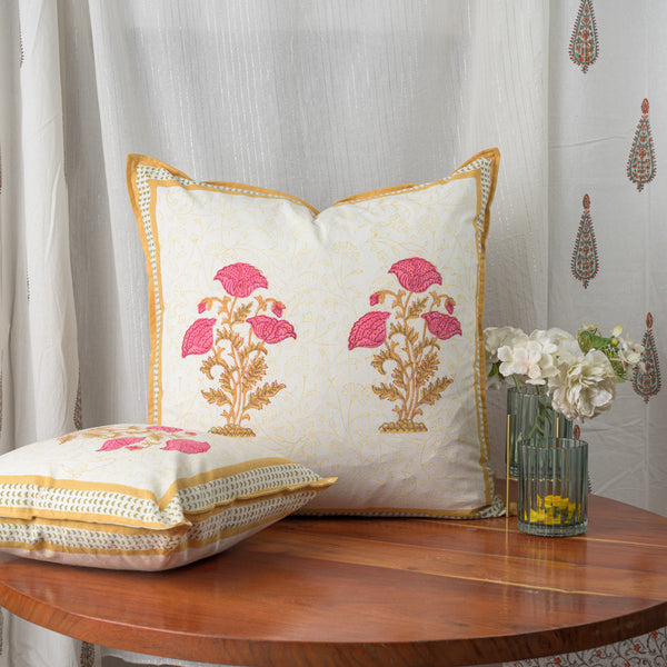 Cotton Cushion Cover Reversible Pink Brown Floral Boota Block Print (6708806975587)