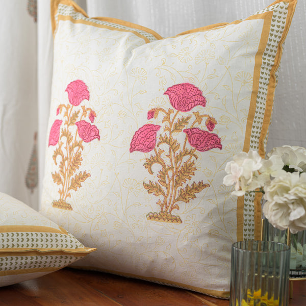 Cotton Cushion Cover Reversible Pink Brown Floral Boota Block Print 1 (6708806975587)