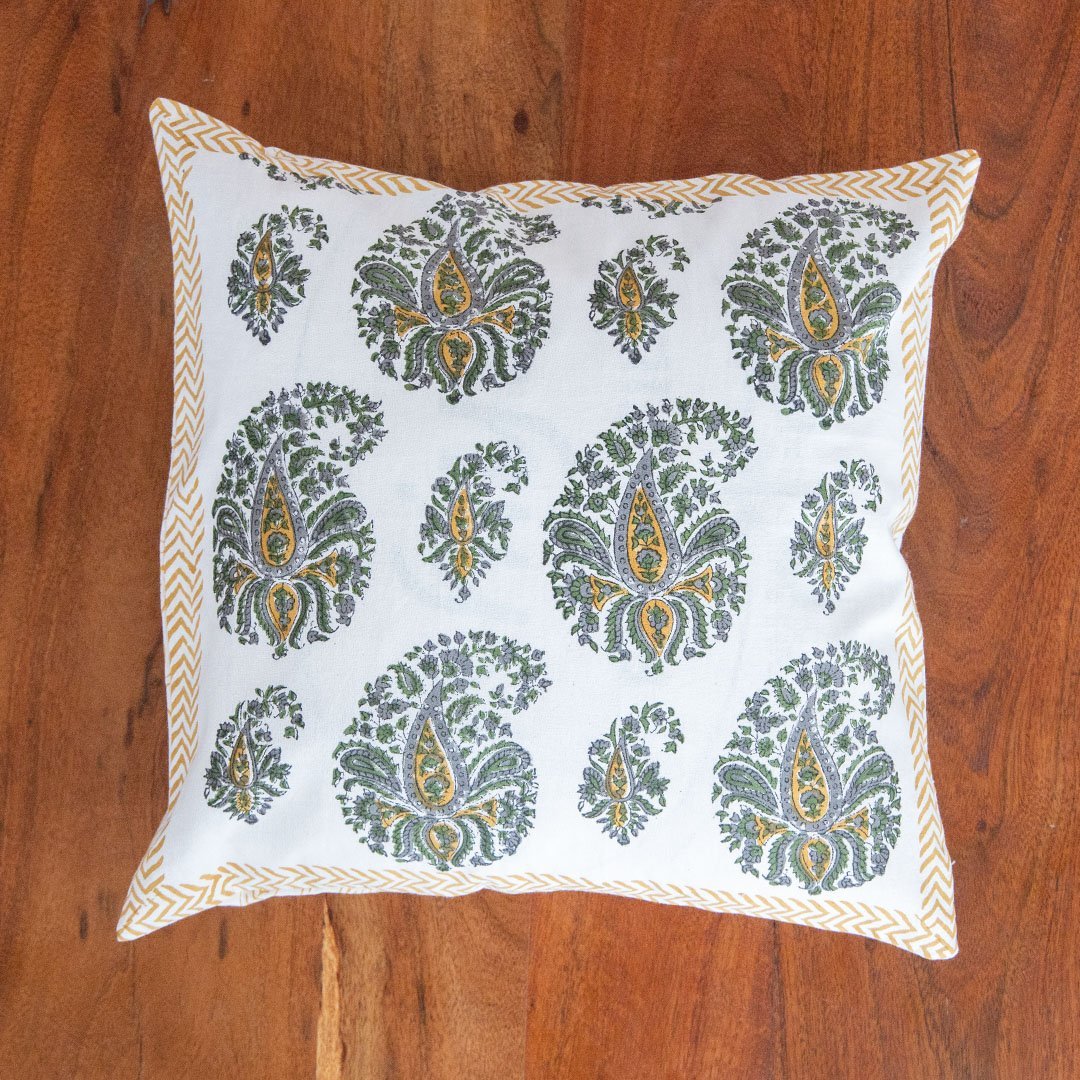 Cotton Cushion Cover Green Brown Paisley Block Print (6637112590435)