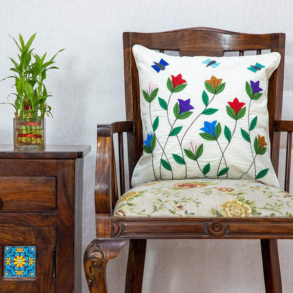 Khadi Cotton Cushion Cover Multicolor Flowers Patchwork 16 x 16 inch (6612259897443)