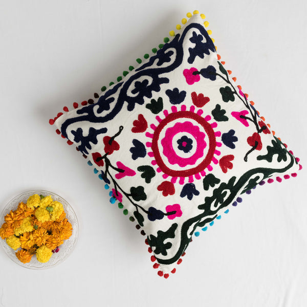 Canvas Emboridered Mandala Cushion Cover White 16 x 16 Inch (6754819833955)