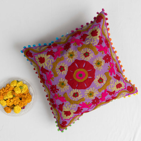 Canvas Emboridered Floral Cushion Cover Purple 16 x 16 Inch (6754819866723)