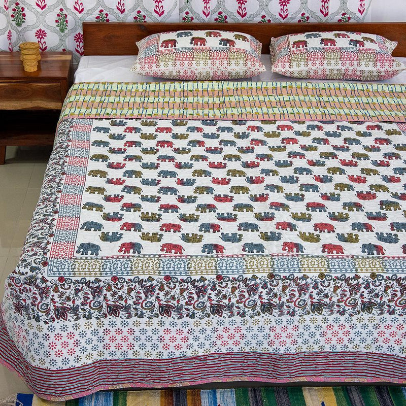 Cotton Beige Bedcover cum Comforter Elephant Gold Print (4736275611747)
