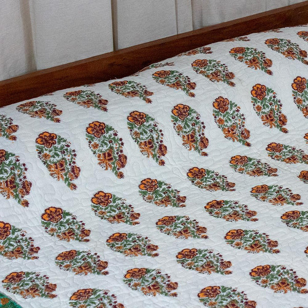 Cotton Double Bed Comforter Bed Cover Maroon Green Floral Jaal Print 1 (4723290407011)