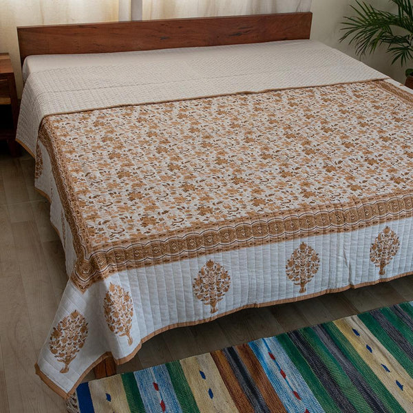 Cotton Quilted Comforter Bed Cover Golden Brown Floral Jaal Gold Print  (4729321619555)