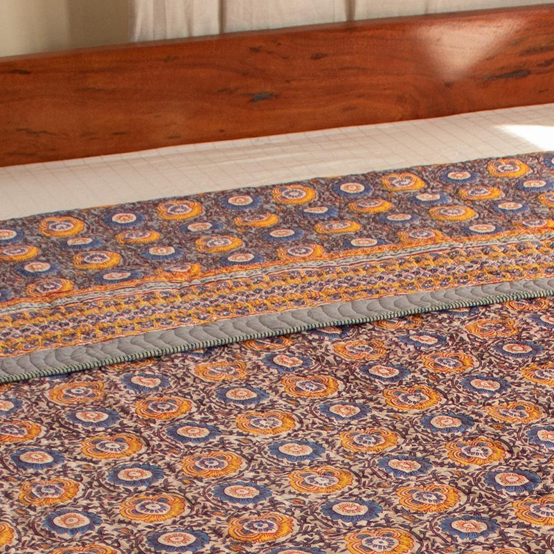 Cotton Double Bed Comforter Bed Cover Grey Chakri Print 1 (4723290964067)