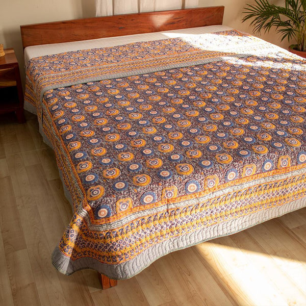Cotton Double Bed Comforter Bed Cover Grey Chakri Print (4723290964067)