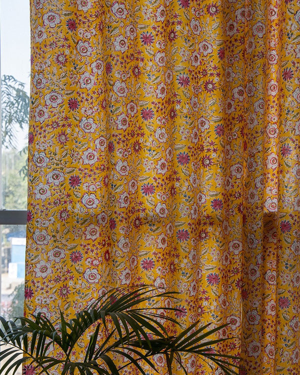 Cotton Curtain Yellow Pink Floral Jaal Block Print (4776661188707)