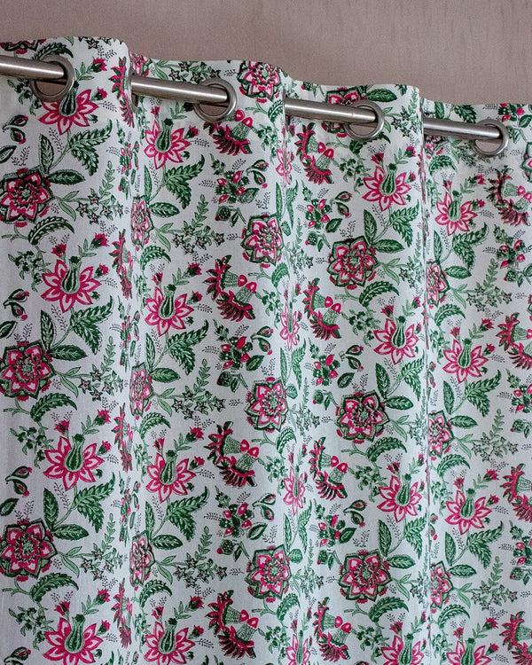 Cotton Curtain Green Pink Floral Jaal Block Print 1 (6571146707043)