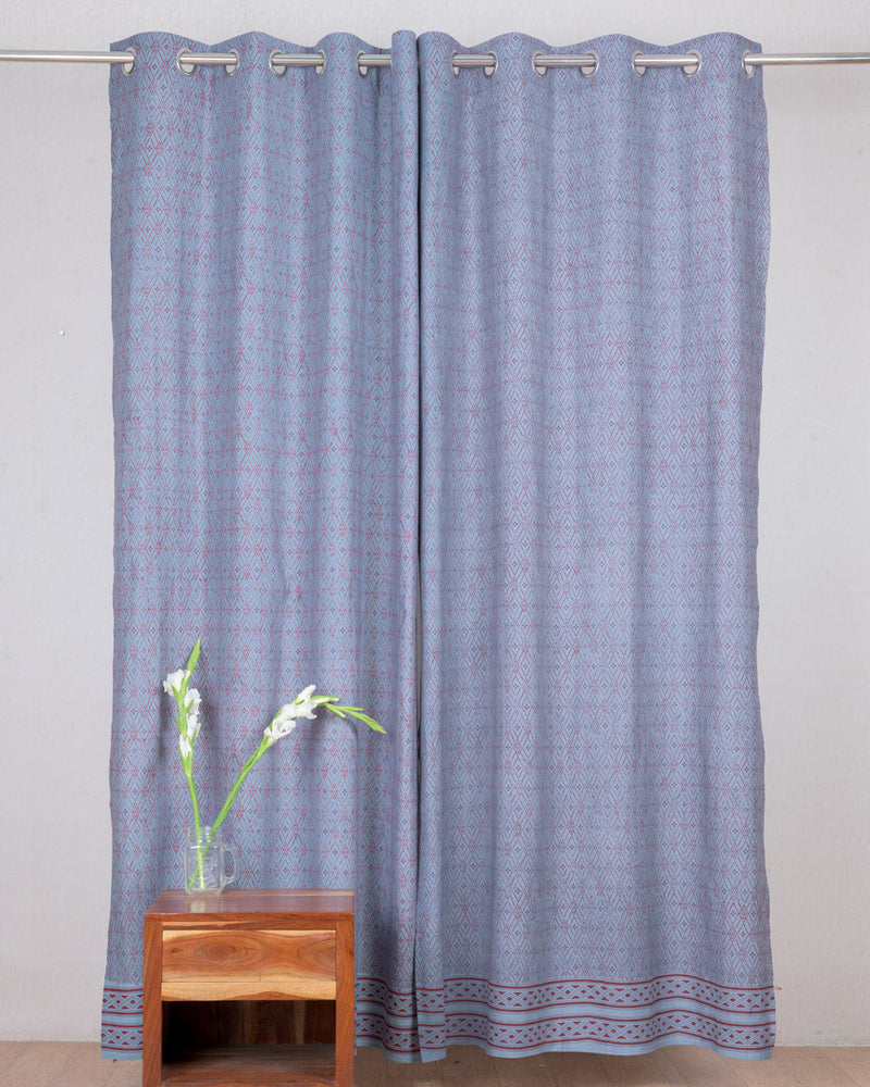 Cotton Curtain Earthy Grey Red Geometric Block Print (6708835614819)