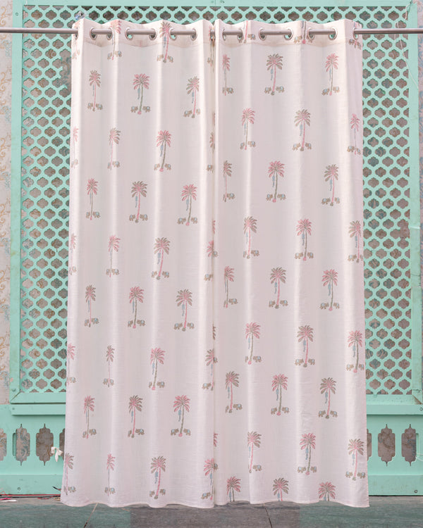 Cotton Slub Curtain Pink Green Palm Block Print 1 (6742414917731)