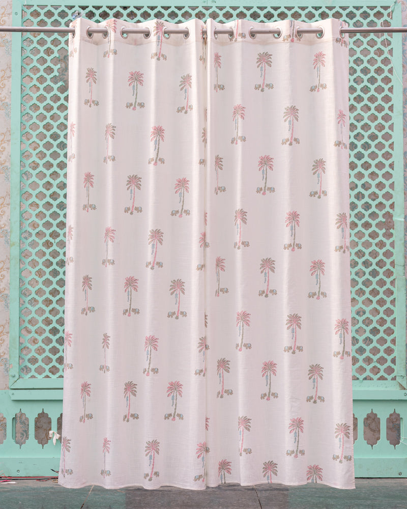 Cotton Slub Curtain Pink Green Palm Block Print 1 (6742414917731)