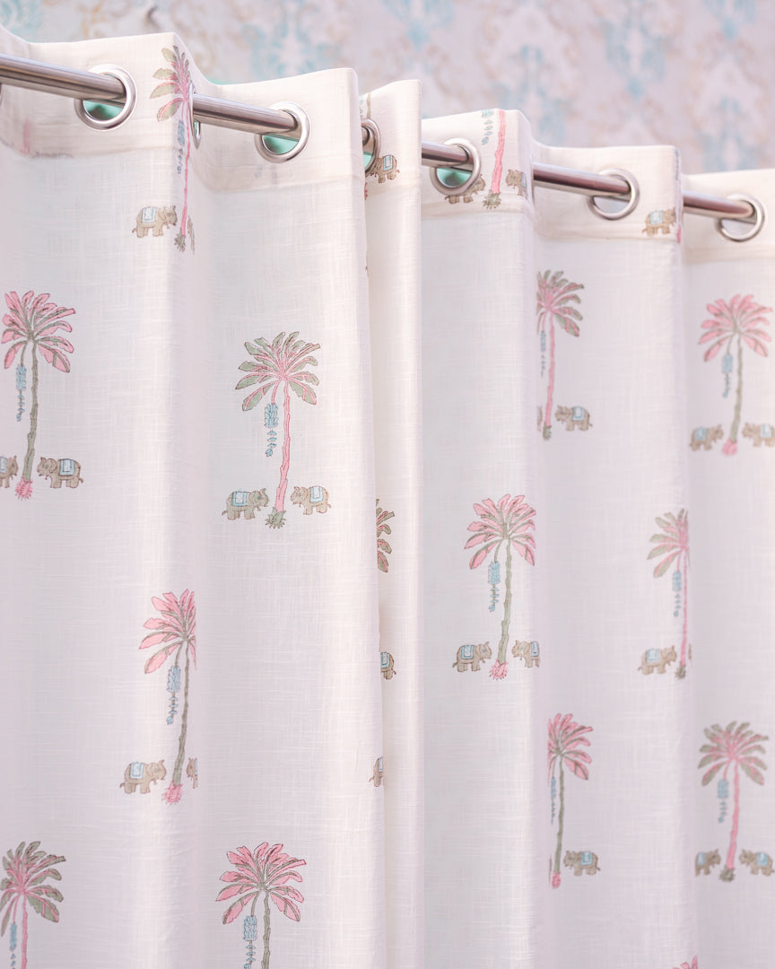 Cotton Slub Curtain Pink Green Palm Block Print (6742414917731)
