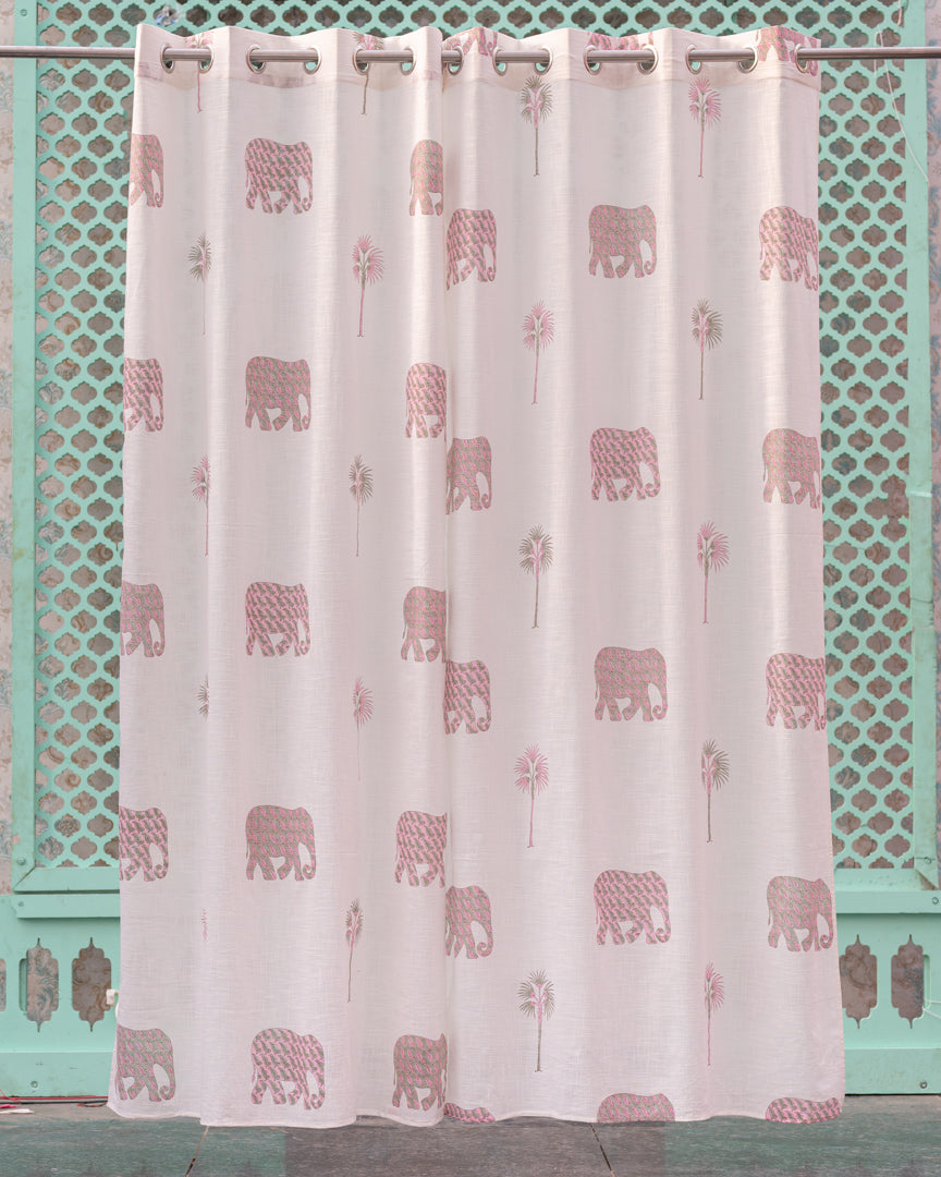 Cotton Slub Curtain Pink Elephant Tree Block Print 1 (6742414950499)