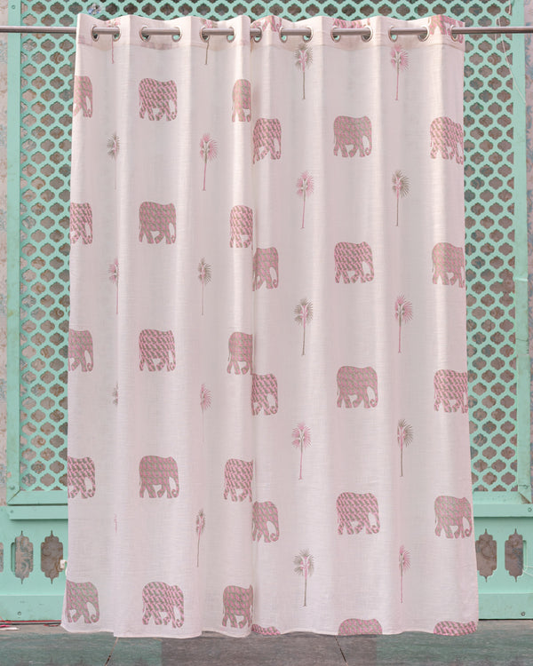 Cotton Slub Curtain Pink Elephant Tree Block Print 1 (6742414950499)
