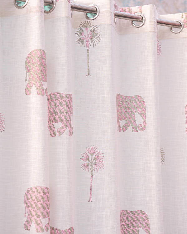 Cotton Slub Curtain Pink Elephant Tree Block Print (6742414950499)