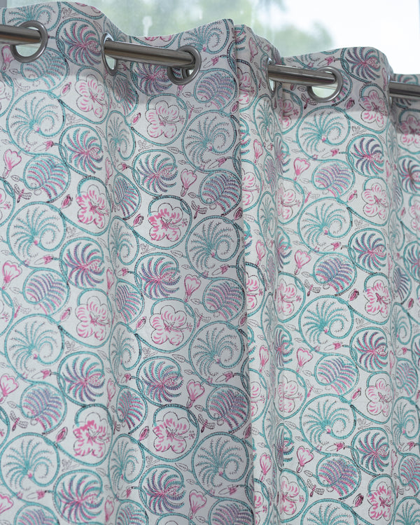 Drill Cotton Curtain Pink Green Jaal Block Print 1 (6831561146467)