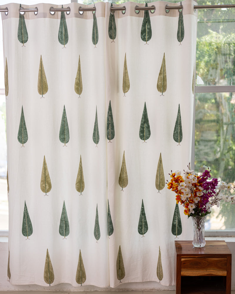 Drill Cotton Curtain Green Cedar Block Print (6831561048163)