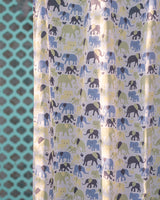 Cotton Curtain Green Blue Elephant Herd Block Print 1 (6722416574563)