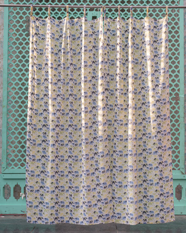 Cotton Curtain Green Blue Elephant Herd Block Print 3 (6722416574563)