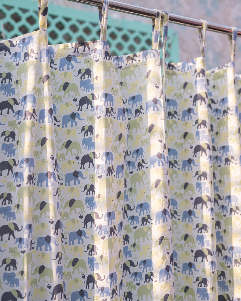 Cotton Curtain Green Blue Elephant Herd Block Print (6722416574563)