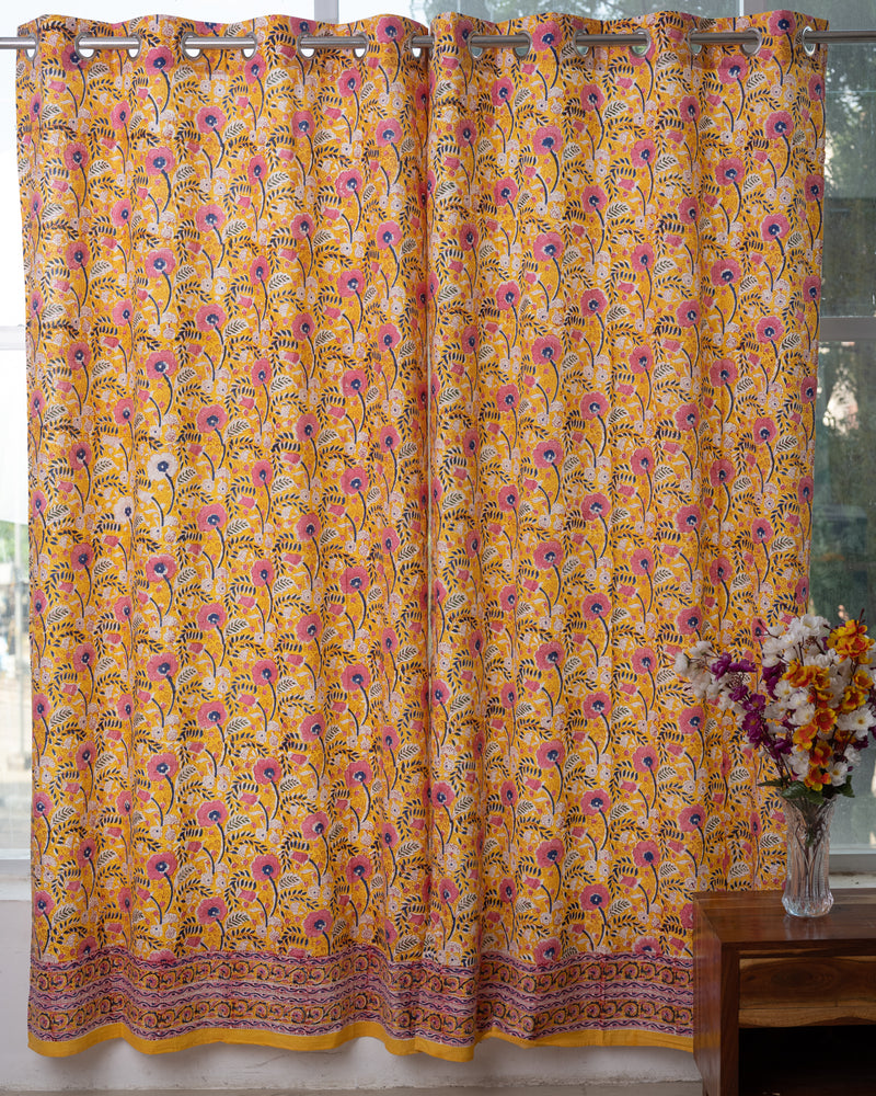 Cotton Curtain Yellow Pink Foral Block Print (4776660107363)