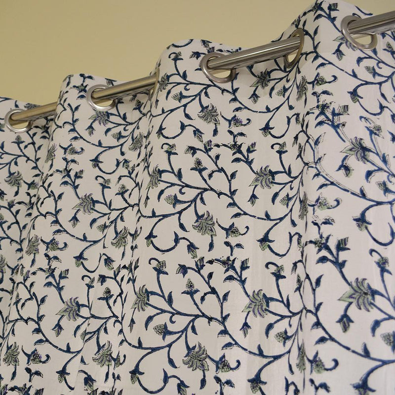 Cotton Curtain Blue Grey Floral Bel Block Print 5 (4776660828259)