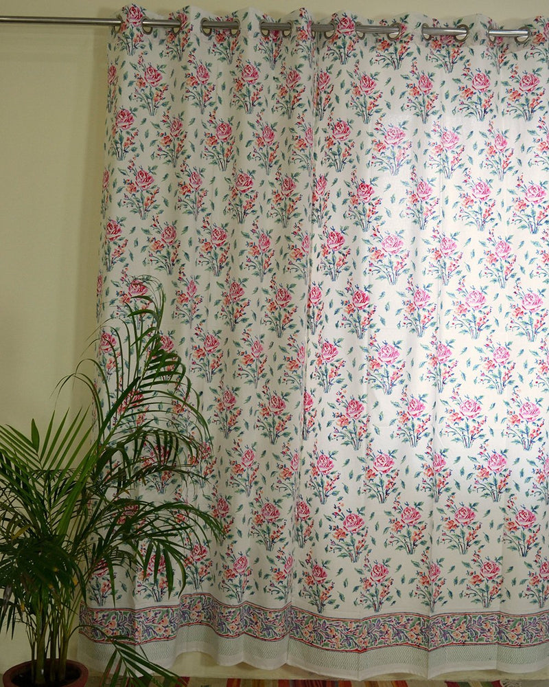 Cotton Curtain Pink Green Rose Boota Block Print (4776661090403)