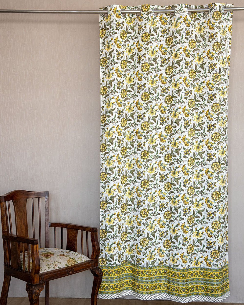 Cotton Curtain Yellow Green Floral Jaal Block Print (6651608301667)