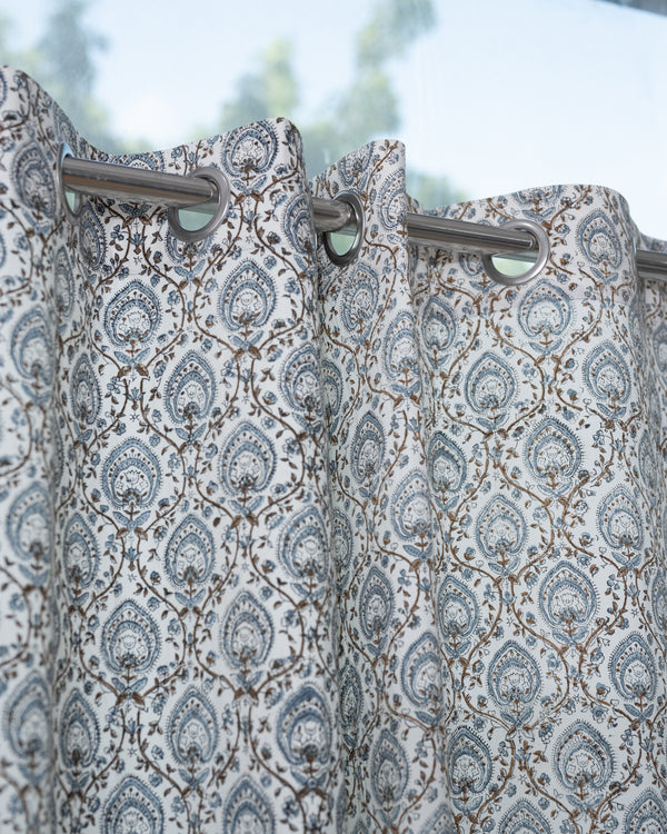 Cotton Curtain Grey Brown Leaf Jaal Block Print (6647703765091)Cotton Curtain Grey Brown Leaf Jaal Block Print 1