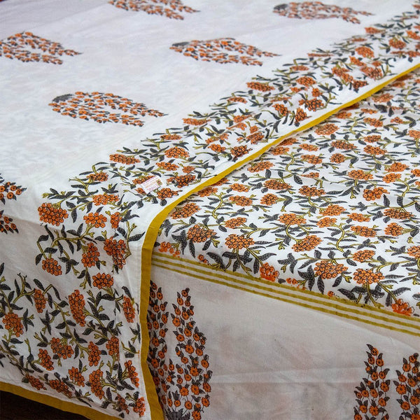 Cotton Double Bed Duvet Cover Orange Grey Floral Jaal Block Print 1 (6648085381219)