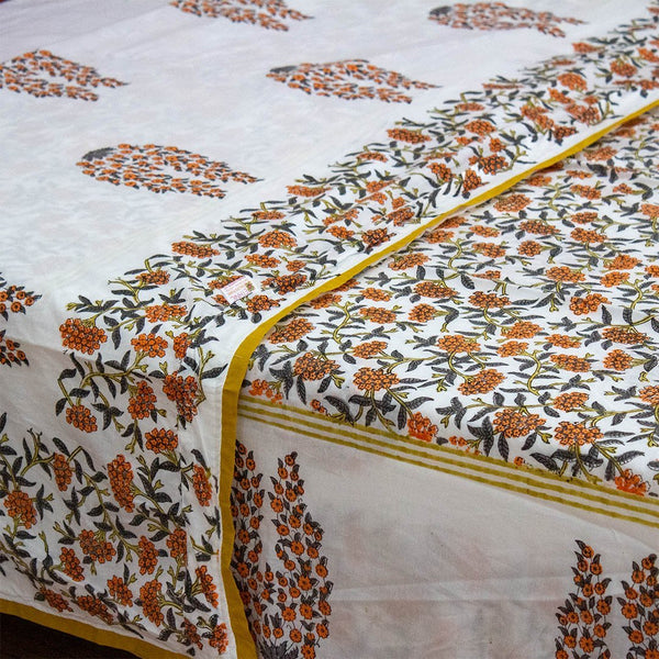 Cotton Double Bed Duvet Cover Orange Grey Floral Jaal Block Print 1 (6648085381219)