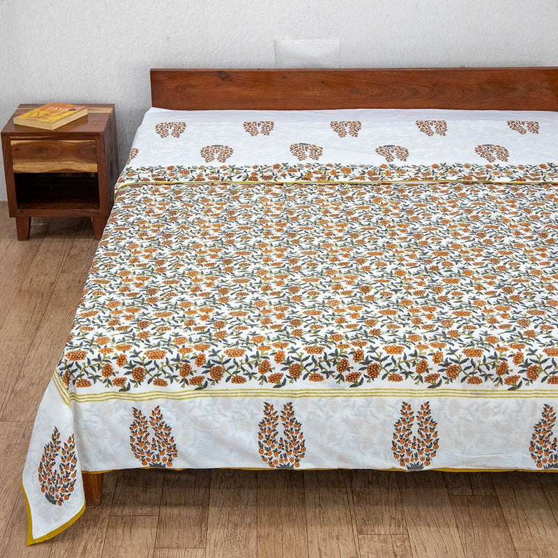 Cotton Double Bed Duvet Cover Orange Grey Floral Jaal Block Print (6648085381219)