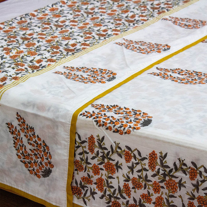 Cotton Double Bed Duvet Cover Orange Grey Floral Jaal Block Print 3 (6648085381219)
