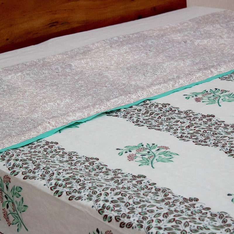 Cotton Double Bed Duvet Cover Light Green Red Floral Bel Block Print 2 (6648085446755)