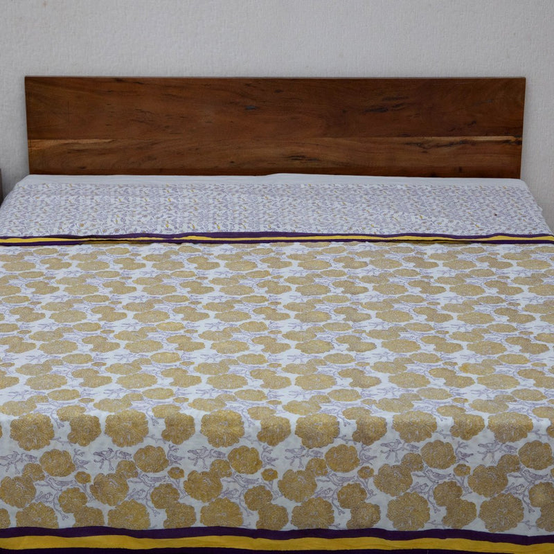 Cotton Double Bed Duvet Cover Yellow Marigold Jaal Block Print (6648085479523)