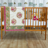 Cotton Mulmul Baby Dohar White Pink Guldasta Block Print 1 (6595514466403)