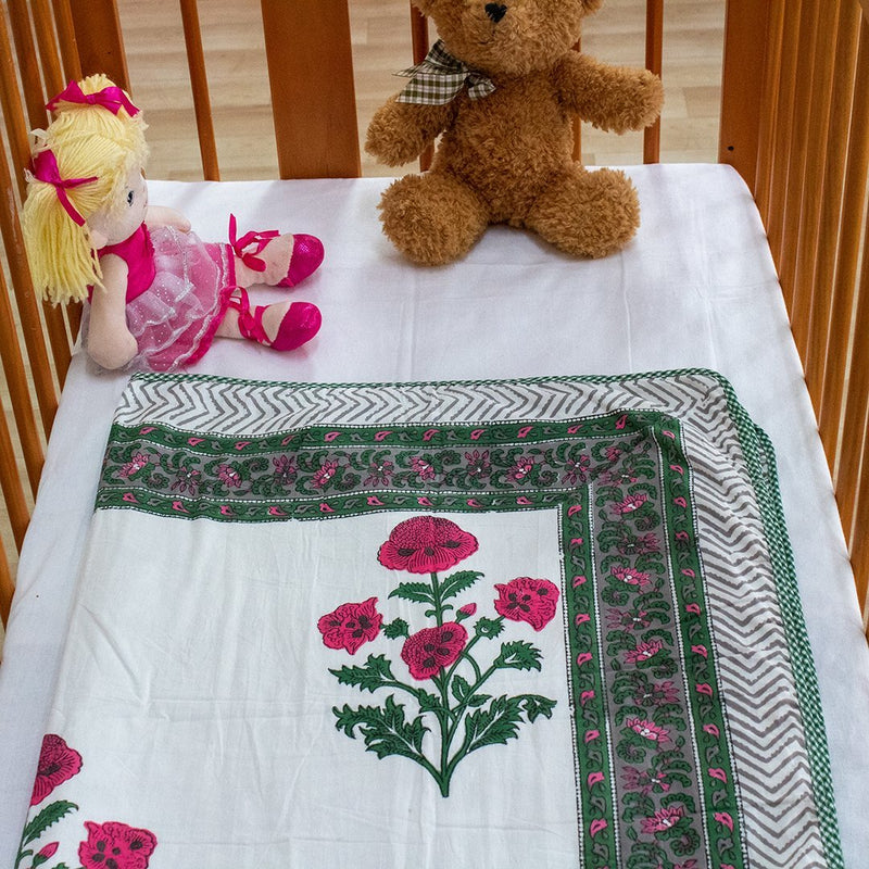 Cotton Mulmul Baby Dohar Green Pink Floral Boota Block Print (6639069266019)