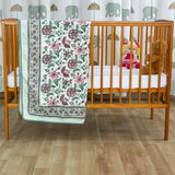 Cotton Mulmul Baby Dohar Green Pink Floral Jaal Block Print 1 (6639069364323)