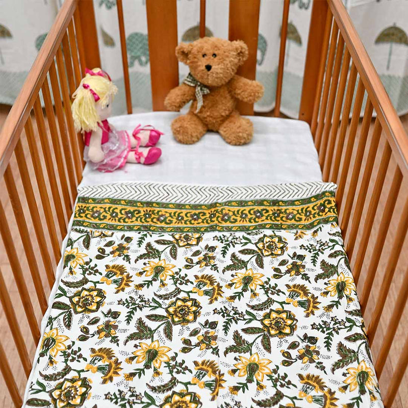 Cotton Mulmul Baby Dohar Yellow Green Floral Jaal Block Print (6639069429859)