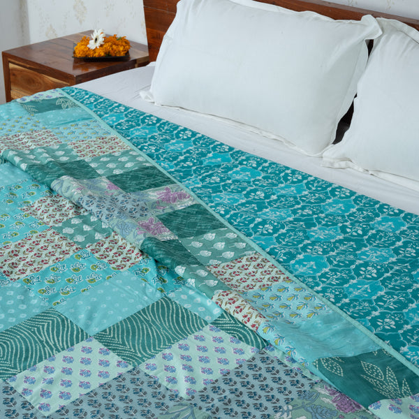 Teal Blue Patchwork Pure Cotton Double Bed Dohar (6863288598627)