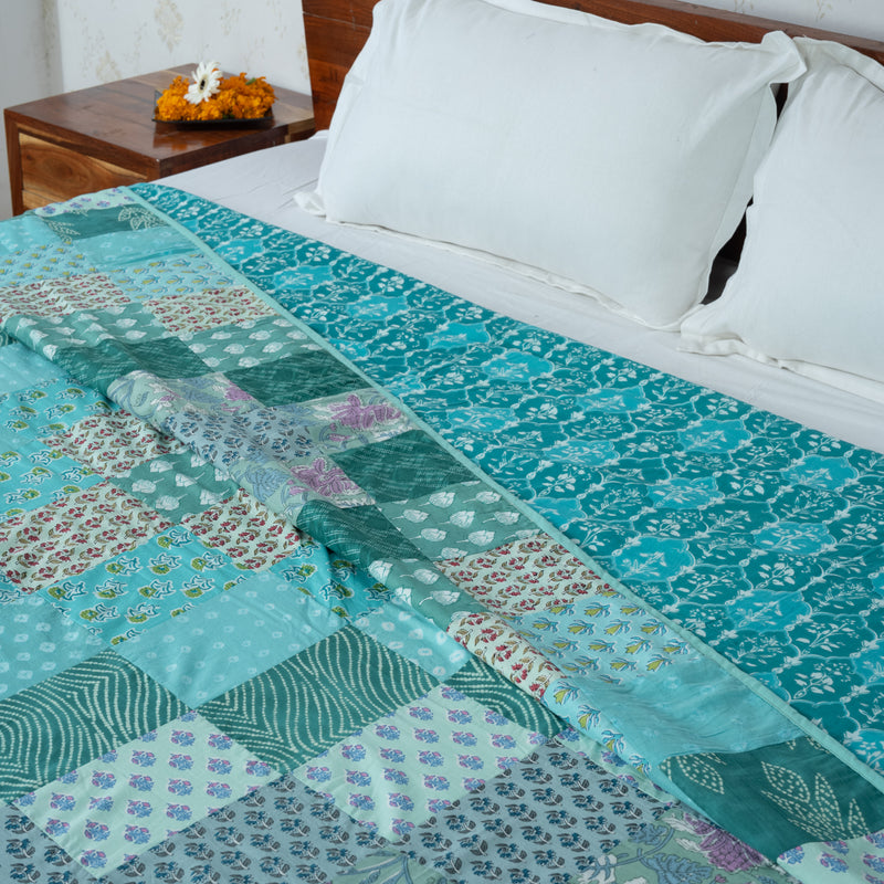 Teal Blue Patchwork Pure Cotton Double Bed Dohar (6863288598627)
