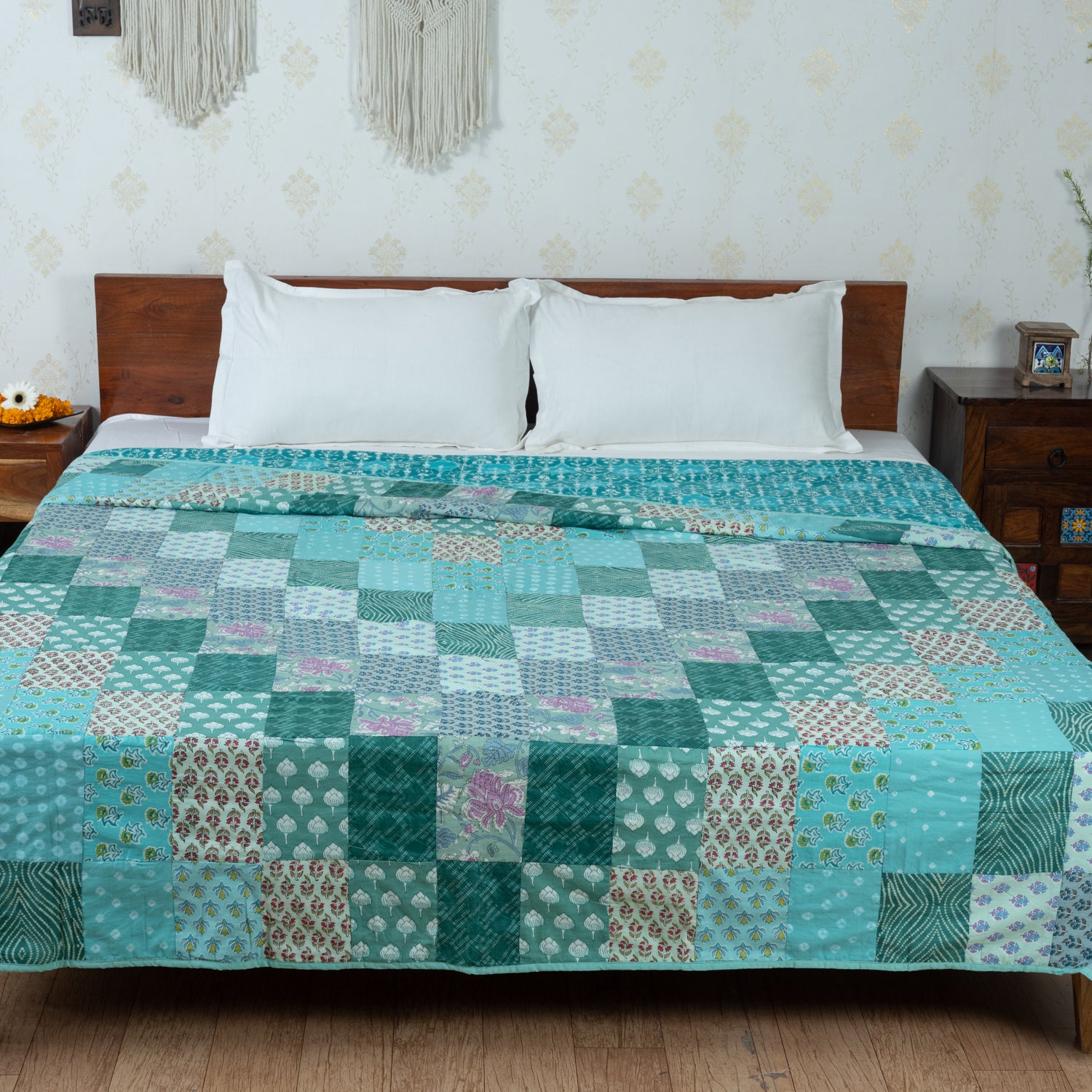 Teal Blue Patchwork Pure Cotton Double Bed Dohar (6863288598627)