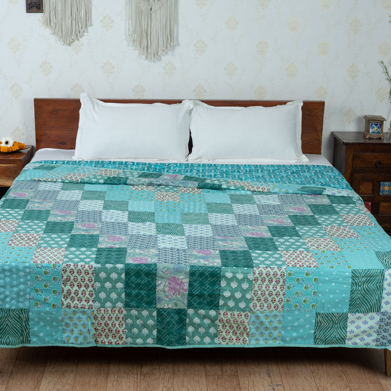 Teal Blue Patchwork Pure Cotton Double Bed Dohar (6863288598627)