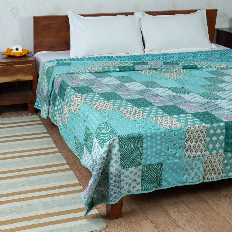 Teal Blue Patchwork Pure Cotton Double Bed Dohar (6863288598627)