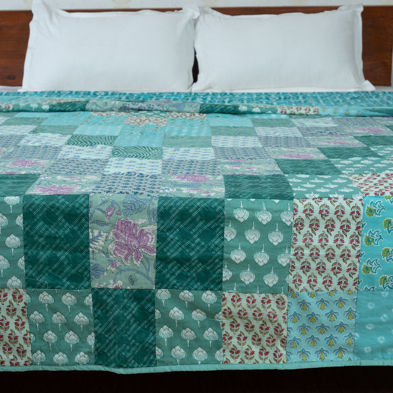 Teal Blue Patchwork Pure Cotton Double Bed Dohar (6863288598627)
